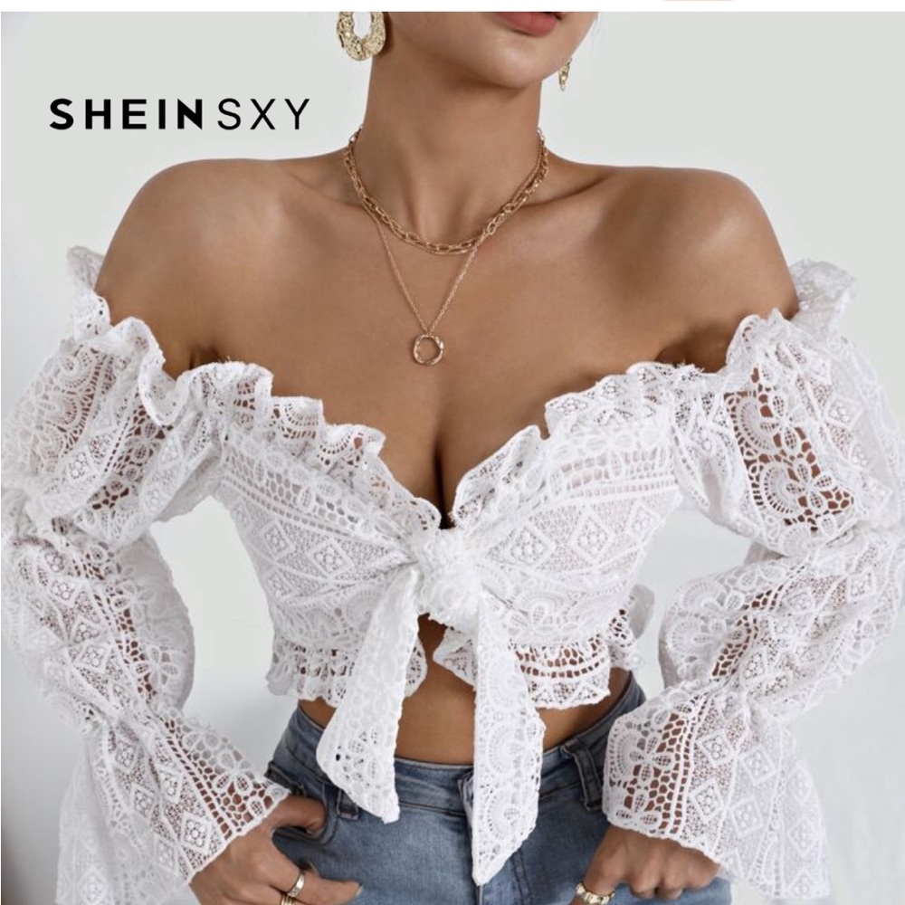 SHEIN White Lace Tie-Front Off-Shoulder Blouse